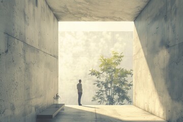 Aufkleber - A person standing in a concrete room with a tree in the background. Suitable for various concepts