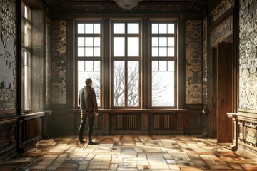 Poster - A man standing in front of a large window. Ideal for business or contemplation concepts
