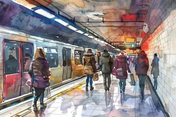 Poster - People walking in a busy subway station, suitable for transportation concepts