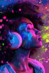 Poster - Woman with glowing paint on face wearing headphones. Perfect for music or nightlife concepts