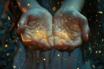 Poster - A person holding out their hands with sparkles in the air. Suitable for various concepts and designs