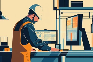 Poster - A man working on a computer in a factory. Suitable for industrial and technology concepts