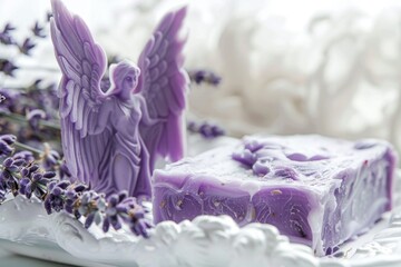 Poster - A purple soap bar placed on a white plate. Suitable for hygiene and beauty concepts