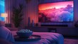 Cinema scene with movie screen and popcorn in living room at night