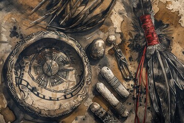 Poster - A drawing of a clock, feathers, and other miscellaneous items. Suitable for various creative projects