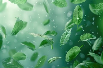 Poster - A bunch of green leaves flying in the air. Suitable for nature and environmental concepts