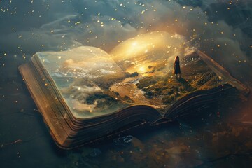Poster - Person standing on top of an open book, suitable for education concept designs