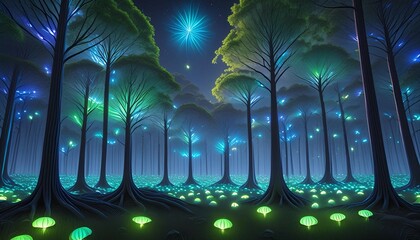 Wall Mural - 3D illustration rendering of forest image illuminated at night by bioluminescence.