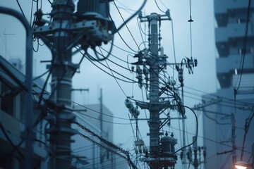 Poster - Urban cityscape with telephone poles and wires at night. Suitable for technology or urban development concepts