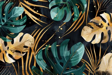 Poster - Elegant gold and green leaves against a black background. Perfect for luxury and nature-themed designs