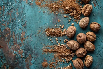 Poster - Assorted nuts displayed on a blue table, perfect for food and nutrition concepts