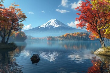 Poster - Scenic view of a lake with a mountain in the background. Ideal for nature and travel concepts