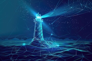 Poster - A solitary lighthouse standing in the middle of the ocean at night. Suitable for maritime themes or concepts of isolation and guidance