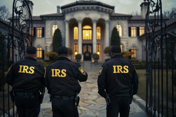 IRS tax agents standing in front of a mansion for a raid