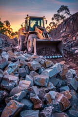 Aufkleber - A bulldozer sitting on top of a pile of rocks. Suitable for construction and industrial concepts