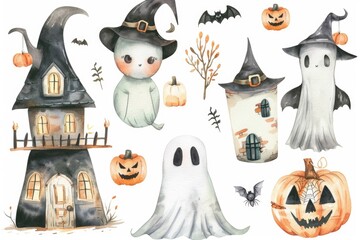 Aufkleber - Watercolor illustrations of Halloween decorations, perfect for spooky designs