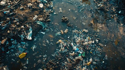 Poster - A dirty river filled with trash. Suitable for environmental awareness campaigns