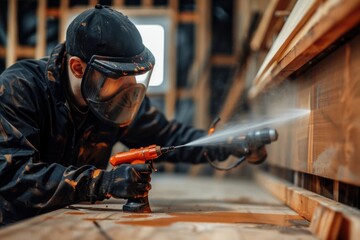 Poster - A man wearing a gas mask using a power drill to spray wood. Ideal for industrial safety concepts