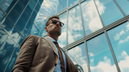 Poster - Professional man in suit and tie standing in front of office building. Suitable for business and corporate concepts
