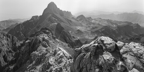 Poster - A stunning black and white photo of a majestic mountain range. Perfect for nature lovers and travel enthusiasts