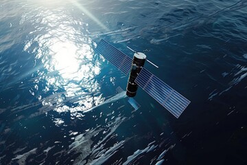 Aufkleber - A satellite floating in the middle of a body of water. Suitable for technology or science related projects