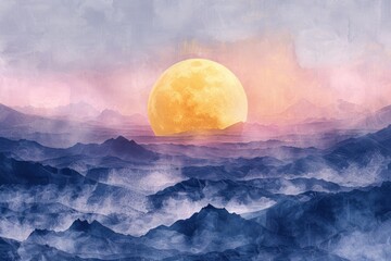 Poster - Scenic view of a full moon rising over a majestic mountain range. Perfect for nature and landscape concepts
