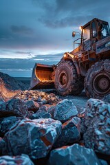 Heavy bulldozer on a pile of rocks, suitable for construction projects