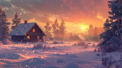Wall Mural - Log cabins gleaming within the sunset encompassed by snow