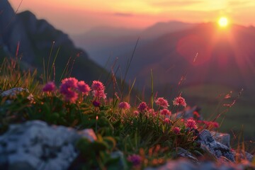Poster - Beautiful sunset over a mountain range, perfect for nature backgrounds or travel websites