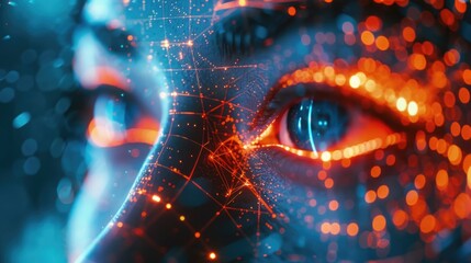 Poster - A close up of a person's face with a glowing eye. Suitable for futuristic concepts