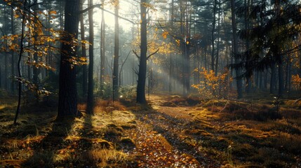 Poster - Sunlight filtering through trees in the woods, ideal for nature backgrounds