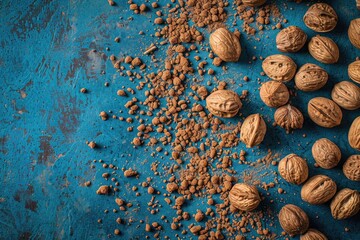 Poster - A pile of walnuts on a blue surface. Perfect for food and nutrition concepts