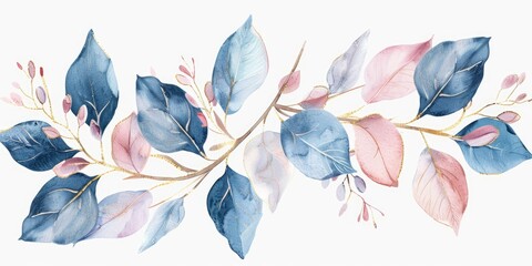 Poster - Vibrant blue and pink leaves on a clean white background. Perfect for nature or botanical themes