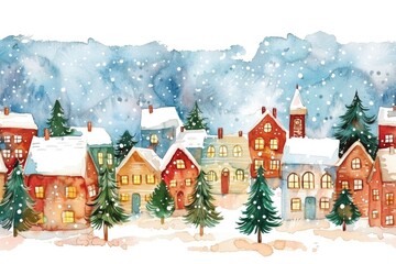 Poster - Charming watercolor painting of a picturesque winter village scene. Ideal for holiday cards or winter-themed designs