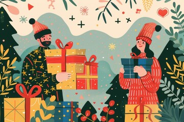 Wall Mural - Two people with gifts in front of festive tree, ideal for holiday designs