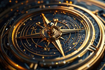 Poster - A detailed shot of a golden compass on a black surface. Ideal for navigation concepts