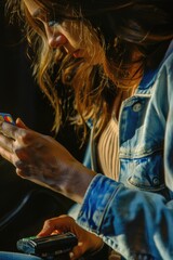 Poster - A woman looking at her cell phone. Suitable for technology and communication concepts