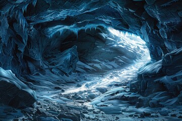 Poster - A mesmerizing ice cave with a flowing stream of water. Ideal for nature and adventure concepts