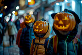 Fototapeta  - A captivating scene of people dressed in orange jackets, their heads replaced by grinning jack-o'-lanterns, marching down a street lined with autumn foliage.
