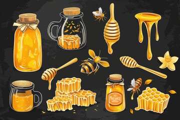 Poster - Fresh honey and honeycombs on a dark surface, perfect for food and agriculture concepts