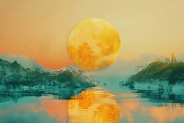 Aufkleber - A serene painting of a full moon rising over a calm body of water. Suitable for various design projects