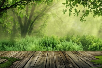 Poster - Close-up of a wooden floor covered in green moss. Suitable for nature and texture backgrounds