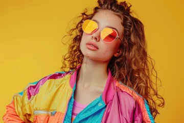 Aufkleber - Stylish woman wearing sunglasses and a vibrant jacket, perfect for fashion or lifestyle content