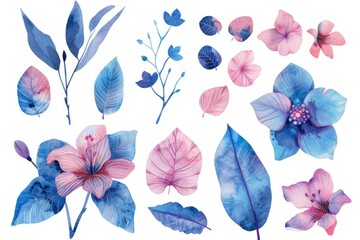 Wall Mural - Beautiful watercolor flowers and leaves set, perfect for various design projects