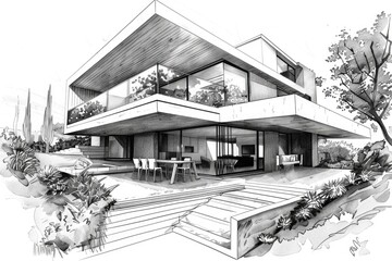 Poster - Detailed sketch of a modern house with a patio, suitable for architectural projects or real estate brochures