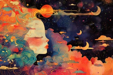 Poster - A painting of a woman's face with clouds and planets in the background. Suitable for artistic projects