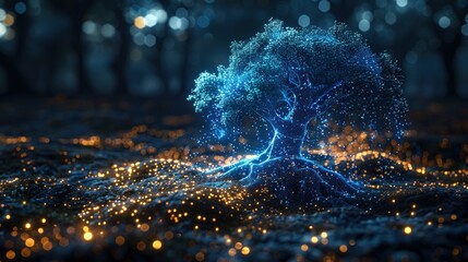 blue cyber polygon tree network connection technology concept with futuristic elements Abstract concept and planet earth with futuristic elements. Cartoon vector illustration.