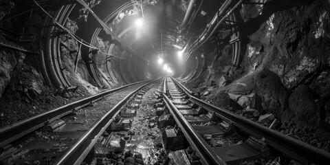 Poster - A black and white photo of a train traveling through a tunnel. Suitable for transportation and travel themes