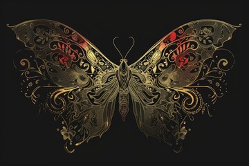 Poster - Beautiful gold butterfly with vibrant red wings on a dark black background. Perfect for nature and wildlife themed designs