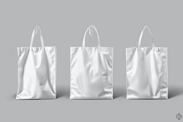Poster - Three white shopping bags on a gray background. Suitable for retail and shopping concepts